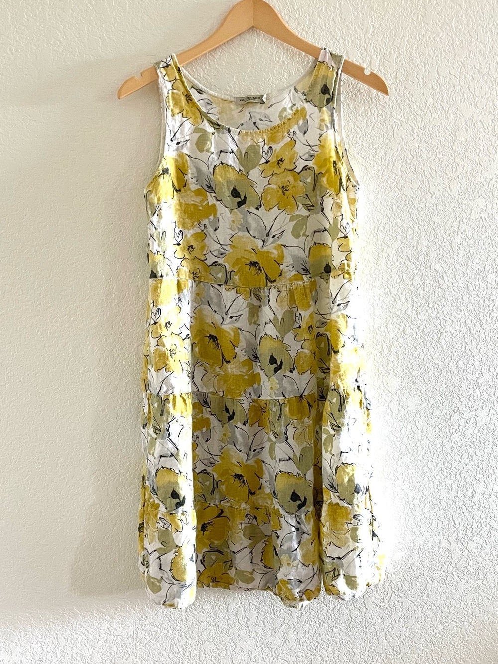 100% Linen Yellow Floral Sleeveless Tiered Midi Dress Sz Small - Boho Vacation